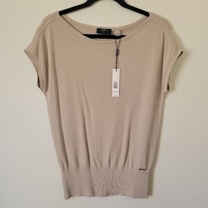 T Tahari Short Sleeve Ribbed Waistband Shirt Size Small Color Malt NWT